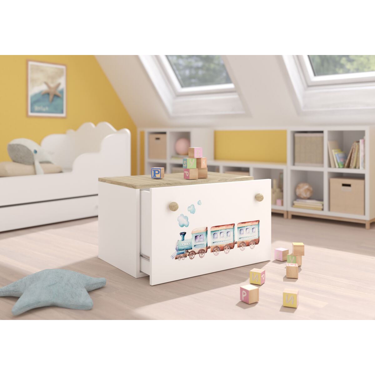 Toy box INGA – White + Sonoma + RAILWAY Toy box INGA – White + Sonoma + RAILWAY