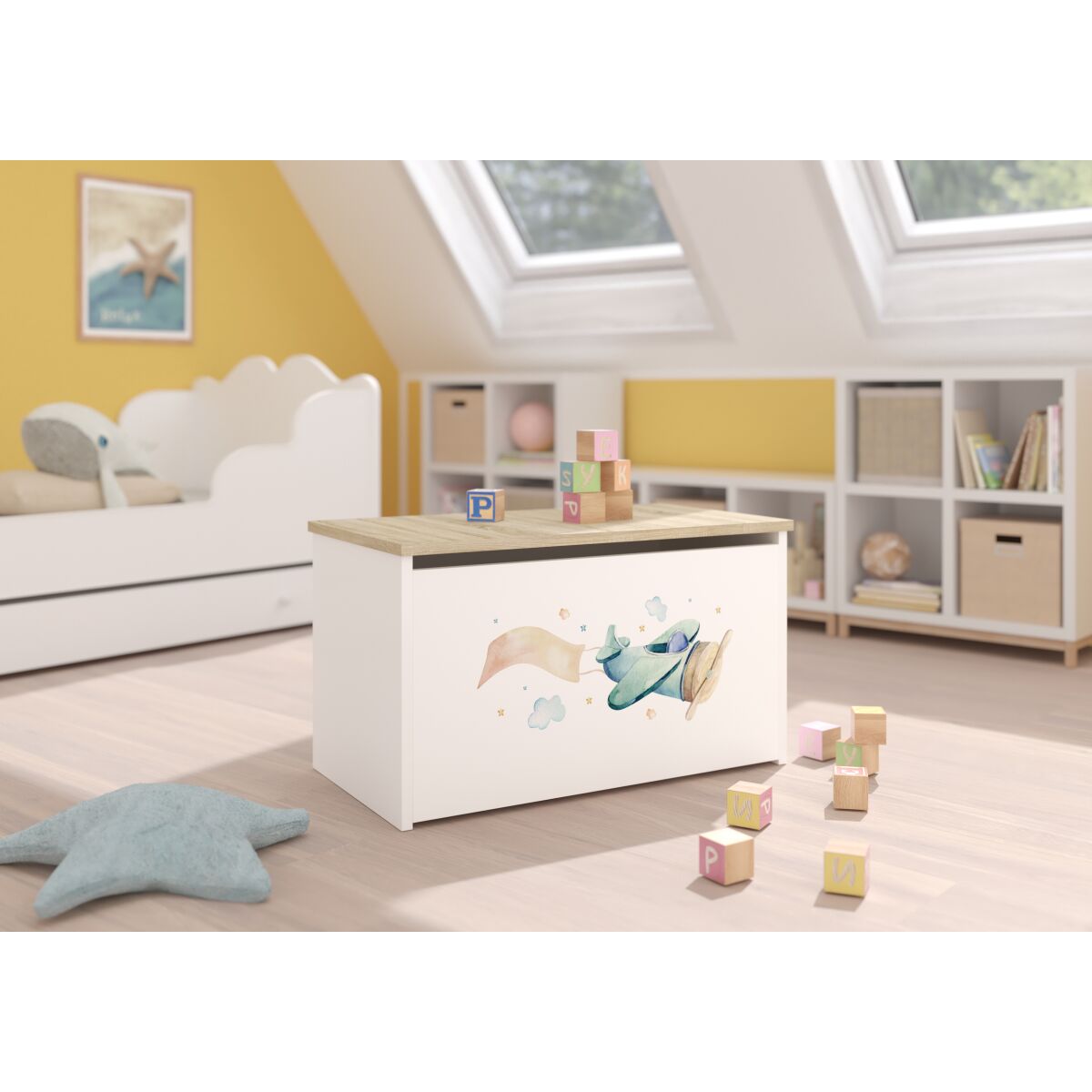 Toy box DARIA – White + Sonoma + PLANE WITH A BANNER Toy box DARIA – White + Sonoma + PLANE WITH A BANNER