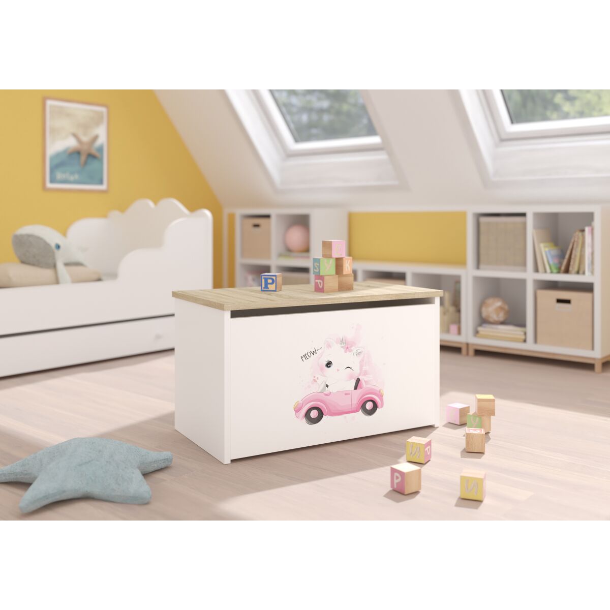 Toy box DARIA – White + Sonoma + CAT IN A CAR Toy box DARIA – White + Sonoma + CAT IN A CAR