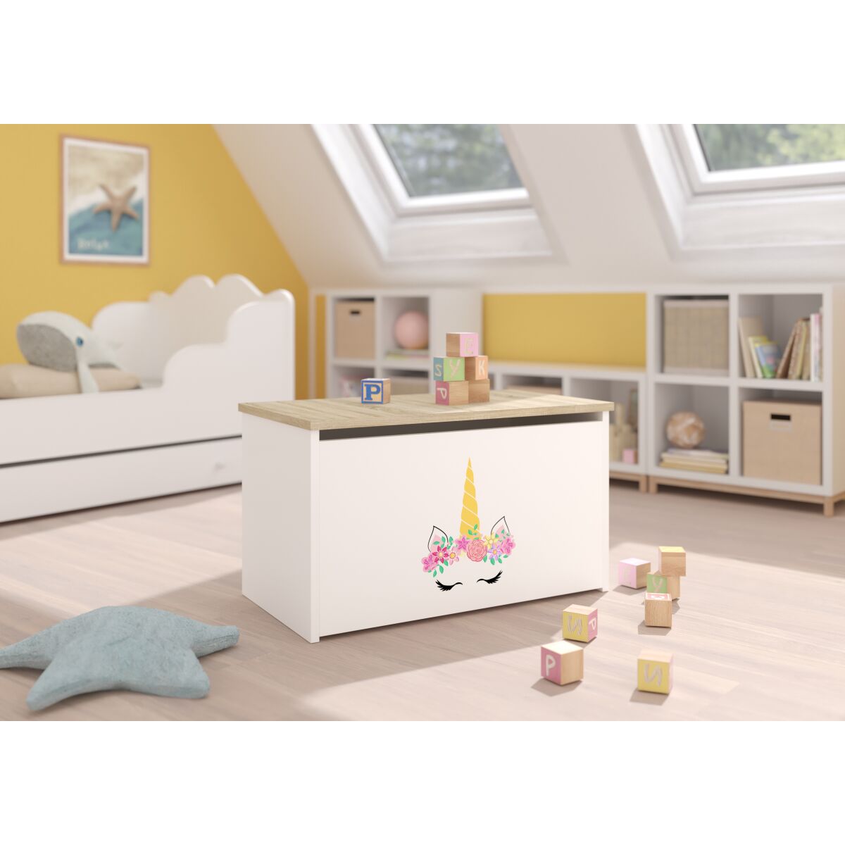 Toy box DARIA – White + Sonoma + UNICORN Toy box DARIA – White + Sonoma + UNICORN