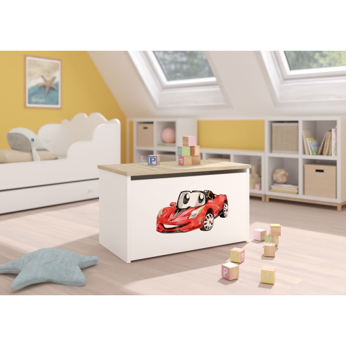 Toy box DARIA – White + Sonoma + RED CAR Toy box DARIA – White + Sonoma + RED CAR