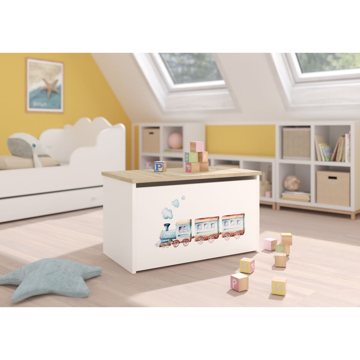 Toy box DARIA – White + Sonoma + RAILWAY Toy box DARIA – White + Sonoma + RAILWAY