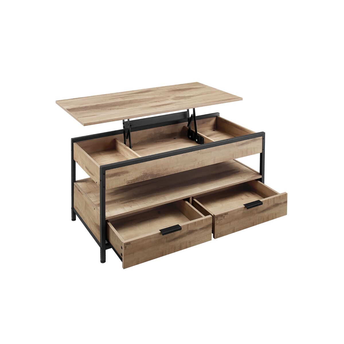 Adjustable Height Coffee Table with Drawers and Open Compartment