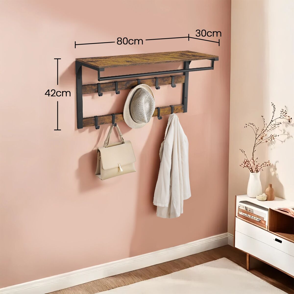 Wall-mounted Coat Rack with Shelf, Wall Shelf with 10 Removable Hooks