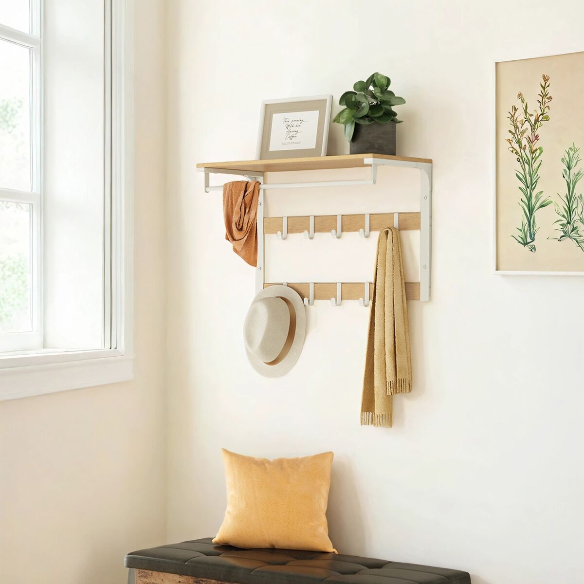 Wall-Mounted Coat Rack with Shelf, Wall Shelf with 10 Removable Hooks