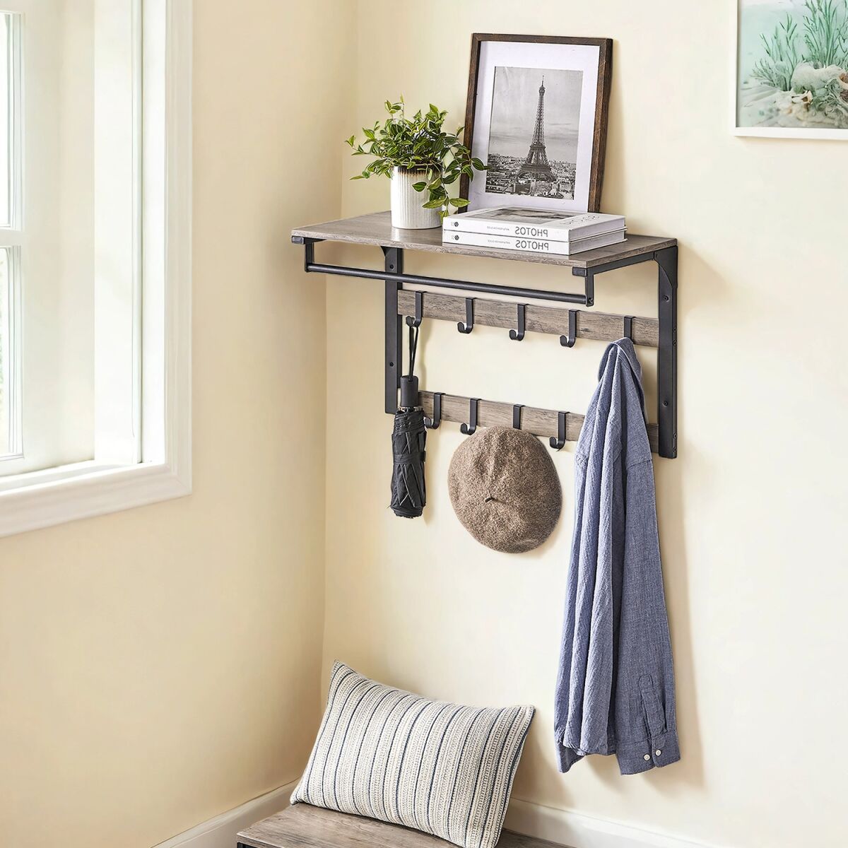 Wall Mounted Coat Rack with Shelf, Wall Shelf with 10 Removable Hooks