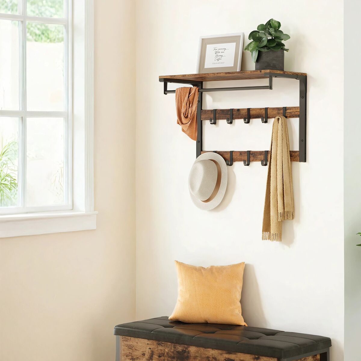 Wall-Mounted Coat Rack with Shelf, Wall Shelf with 10 Removable Hooks