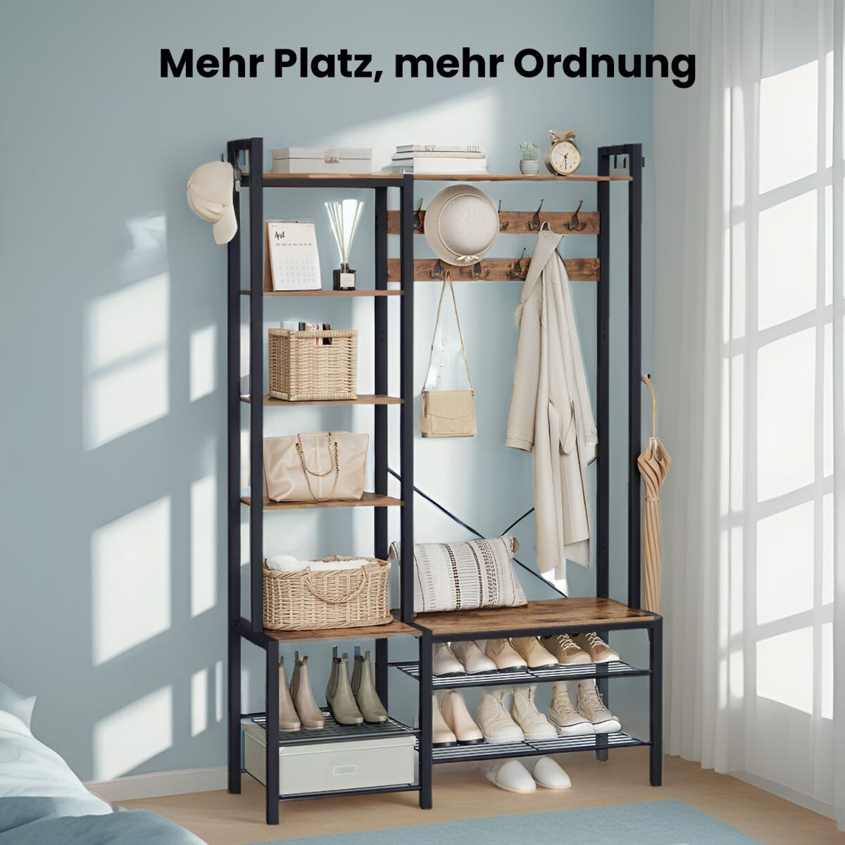 Coat Rack with Shoe Bench, Wardrobe, 5 Shelf Levels Made of Chipboard