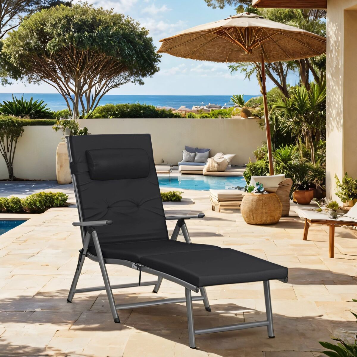 Folding Sun Lounger with 6 cm Thick Mattress, Garden Chair, Removable Cushion