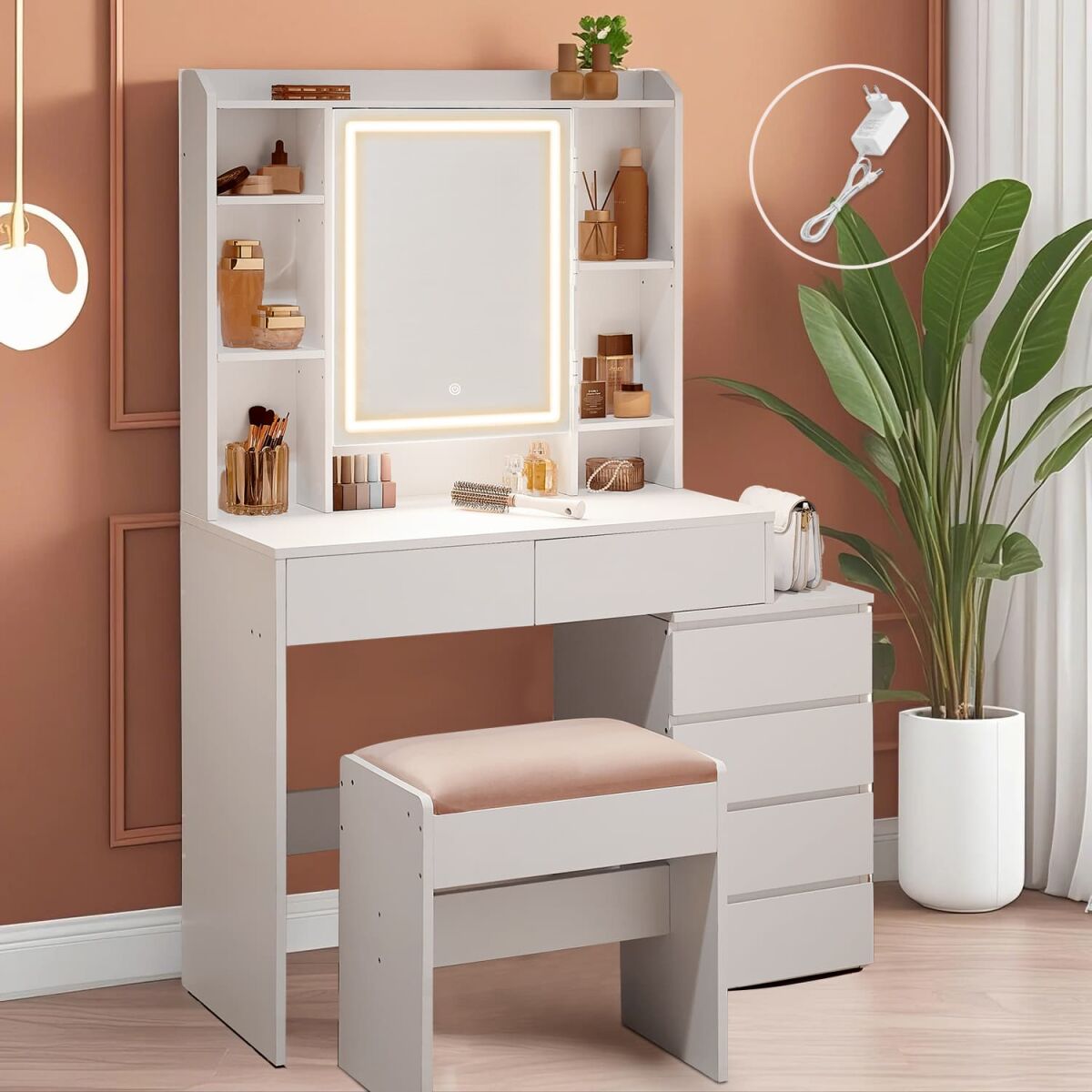 Vanity Table with LED Lighting, Adjustable Color Temperatures and Brightness, Makeup Table with Mirror