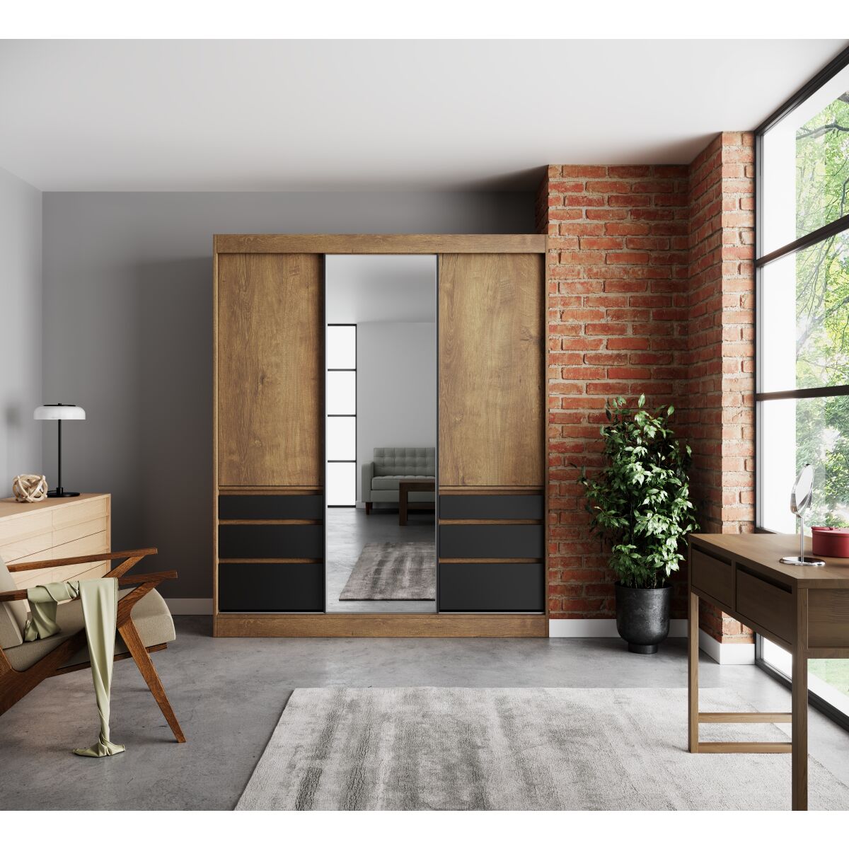 Sliding wardrobe with mirror HAIDAR 180 – Lefkas + Black Sliding wardrobe with mirror HAIDAR 180 – Lefkas + Black