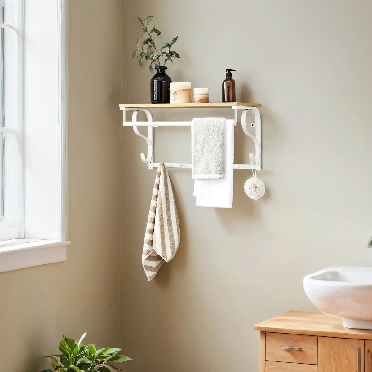Wall Mounted Coat Rack, Shelf with 5 Hooks and Bar