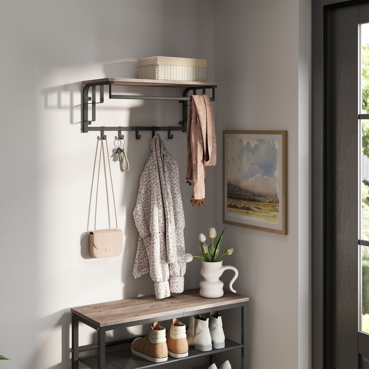 Wall-Mounted Coat Rack with Shelf, Hanging Wall Shelf with Rod