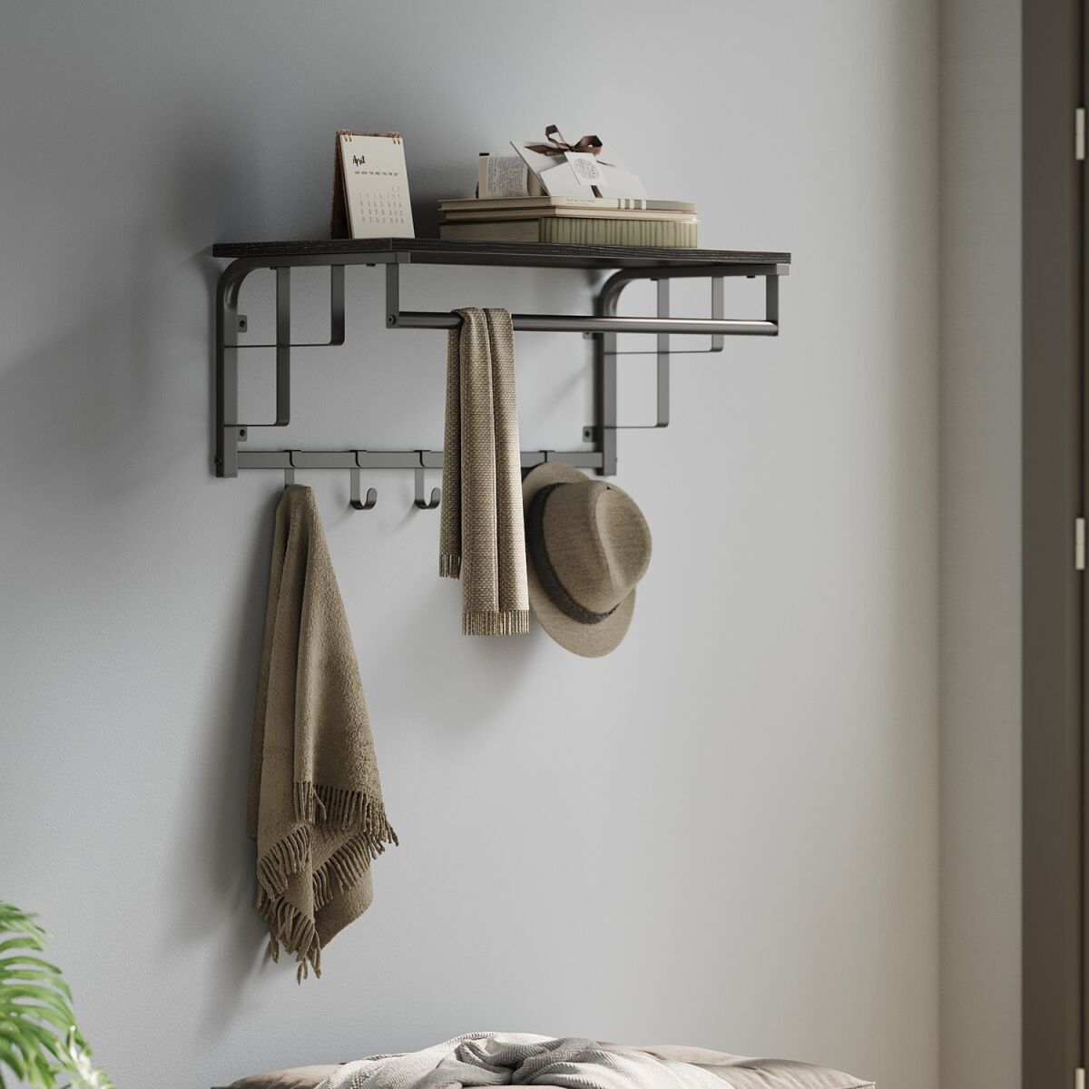 Wall-Mounted Coat Rack with Shelf, Wall Shelf, Hanging Rack with Rod