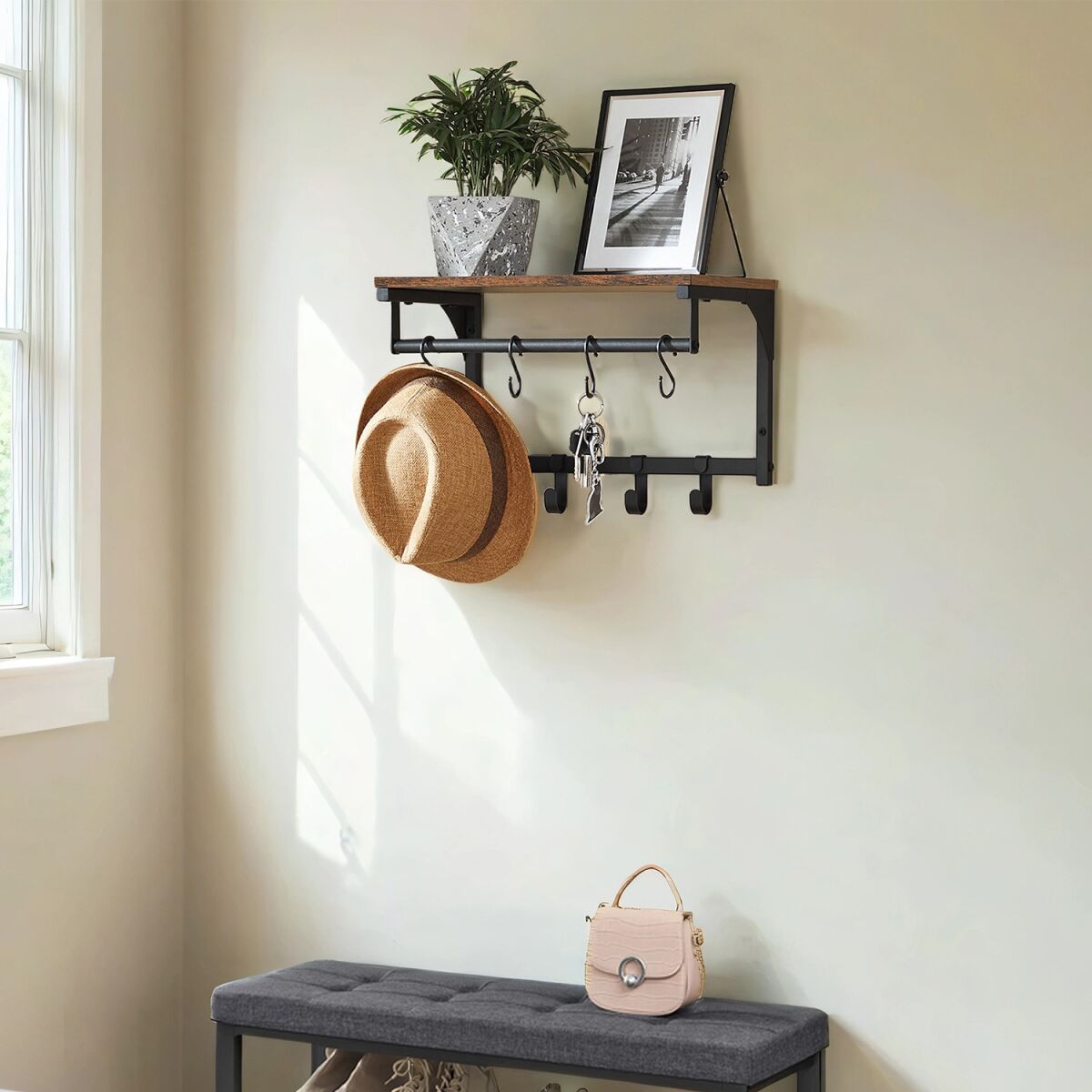 Wall Coat Rack with 8 Hooks and Shelf