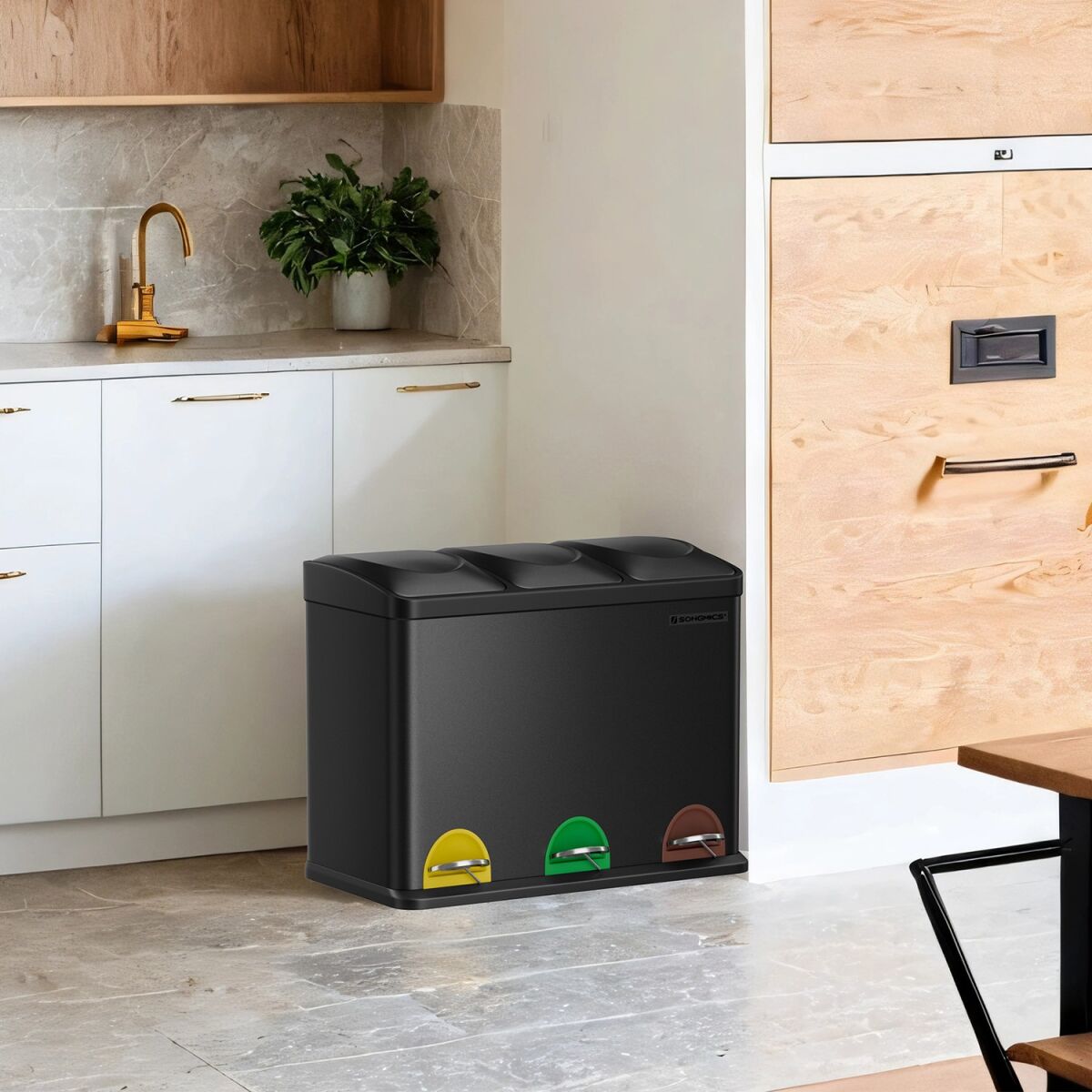 Recycling Bin 3 Compartments, Kitchen Waste Separation System, Trash Can
