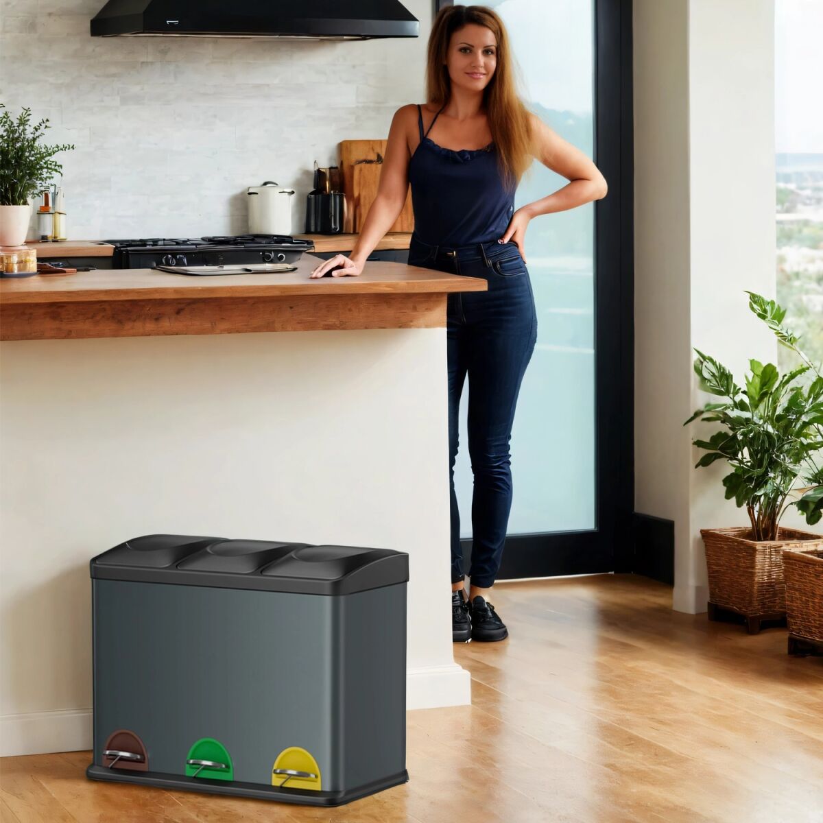 Waste Bin with 3 Compartments, Kitchen Recycling System, Trash Can