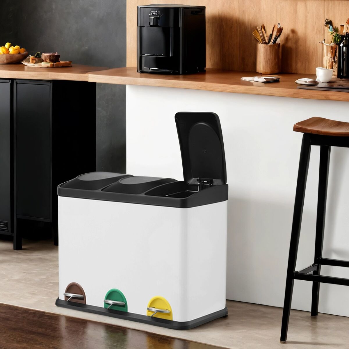 Waste Bin with 3 Compartments, Kitchen Recycling System, Trash Can