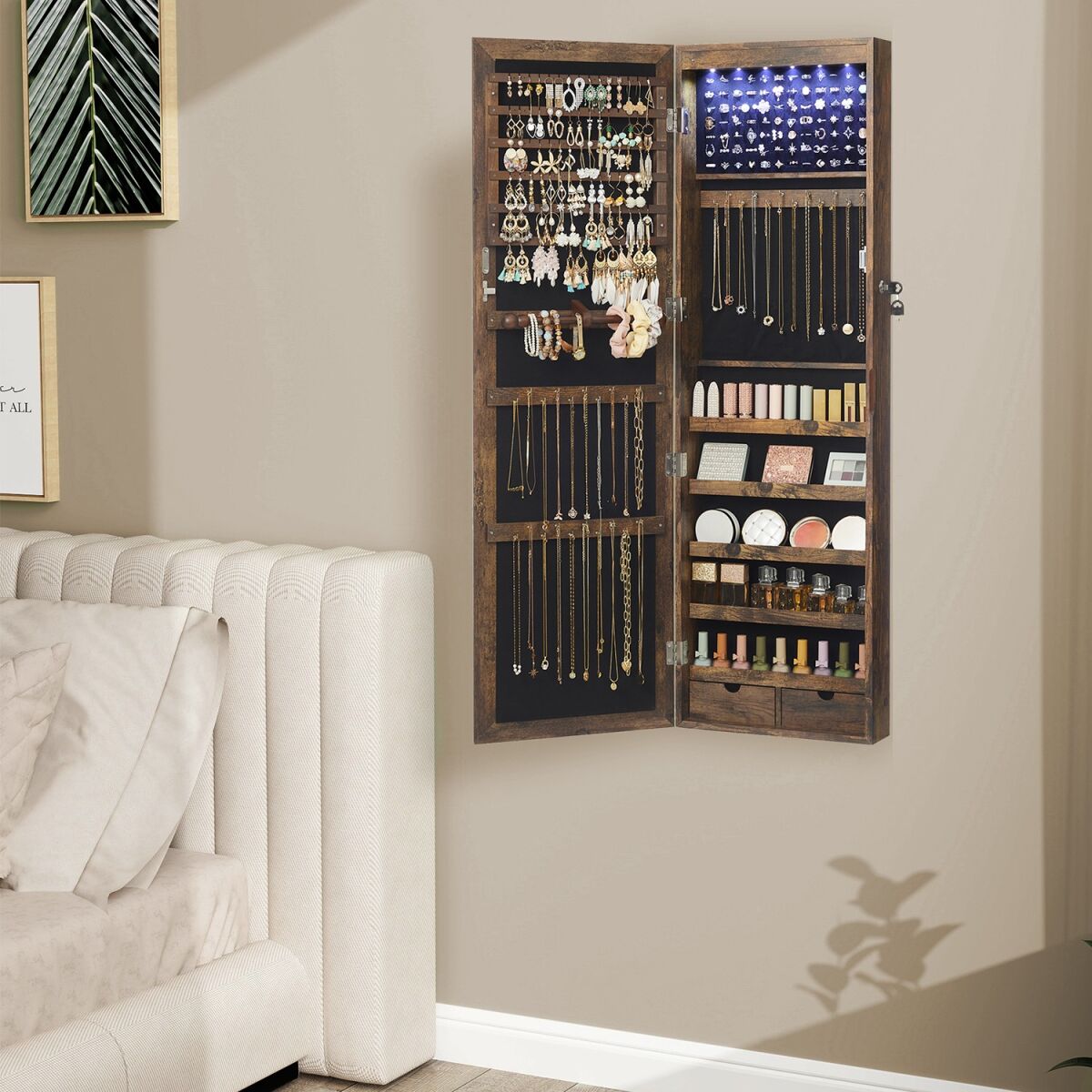 Hanging Jewelry Cabinet, Wall Mirror, 6 LED Bulbs