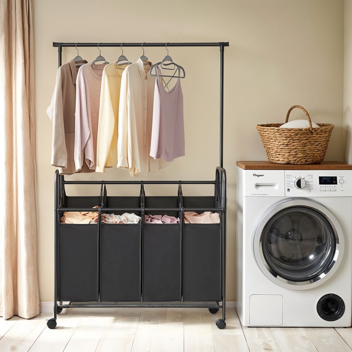 Laundry Basket with 4 Compartments, Mobile Laundry Sorter with Hanging Rod