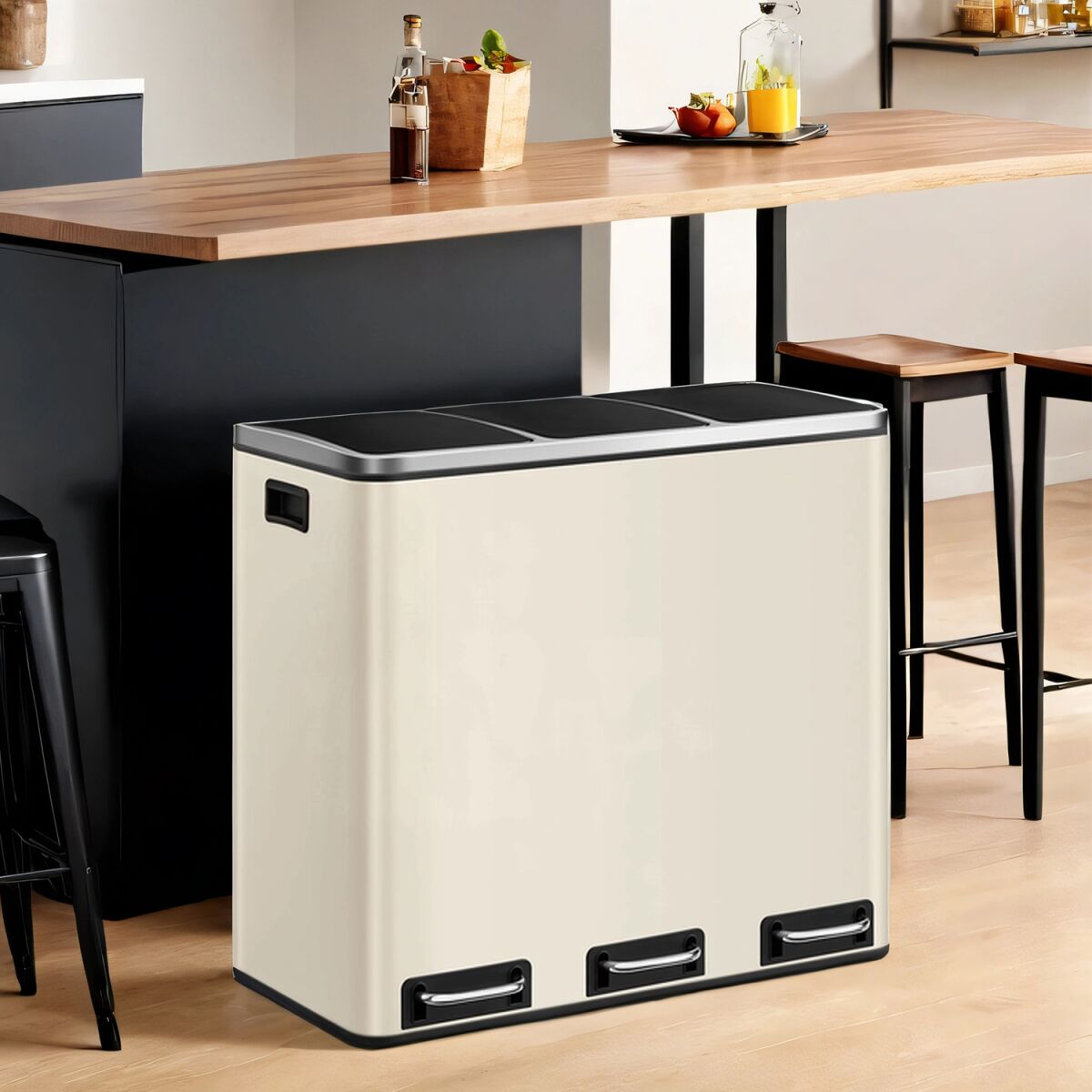 Kitchen Trash Bin, 3 x 18 L, Triple Compartment Waste Separation System
