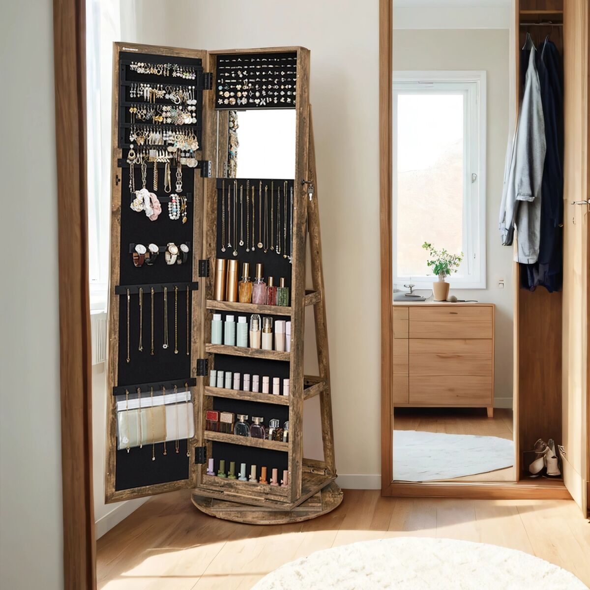 Jewelry Cabinet with Mirror, 360° Rotating Mirror Cabinet, Lockable