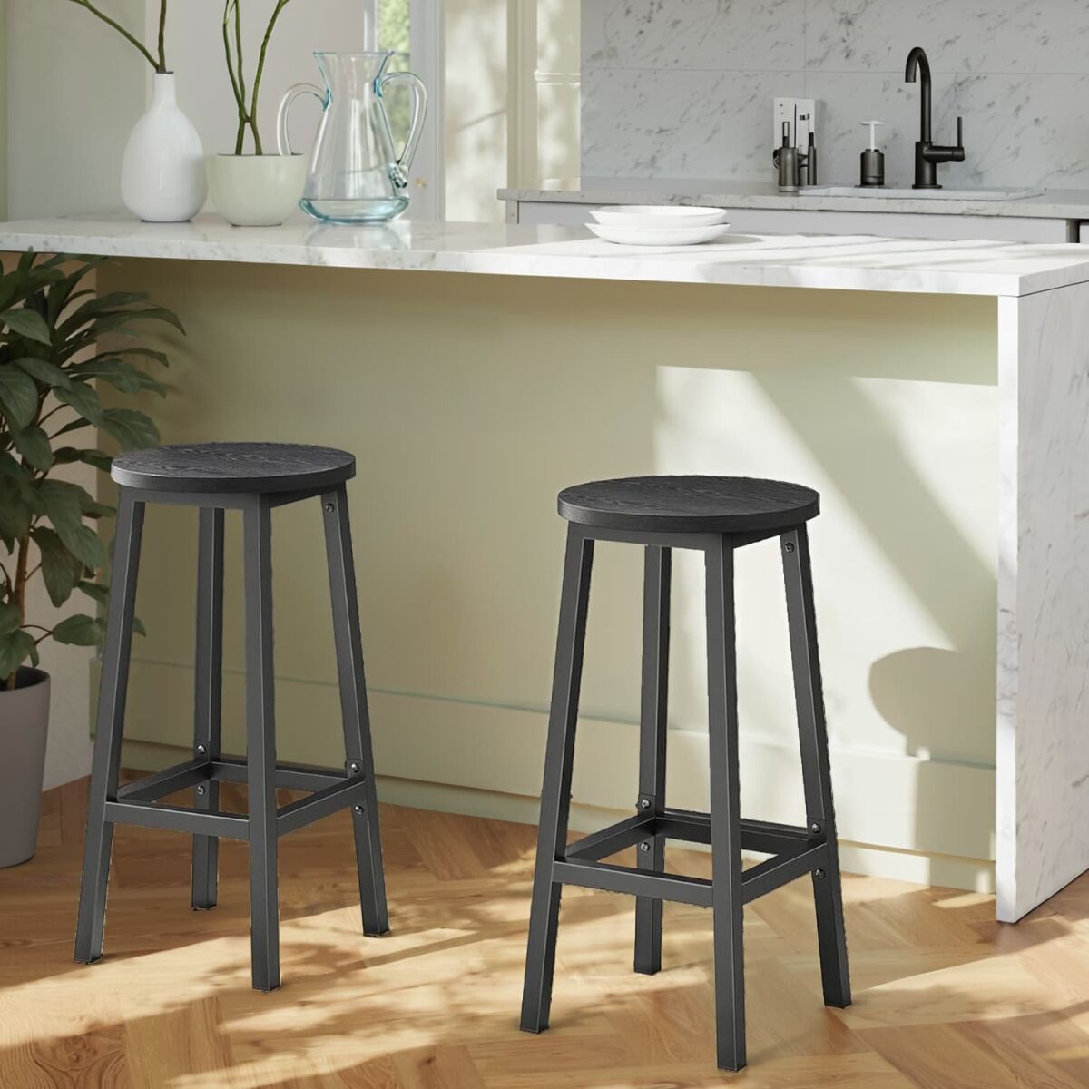Bar Stool Set, 2 Pieces, 65 cm High Bar Chairs, Kitchen Stools with Metal Frame