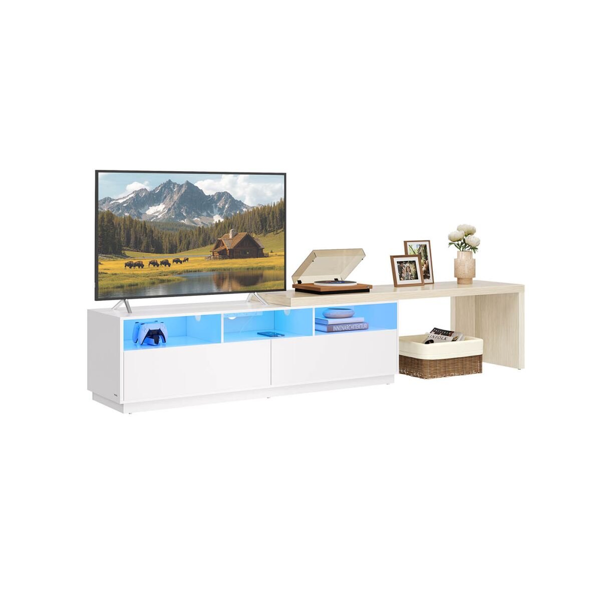 L-shaped TV Stand with Adjustable Length in Cloud White and Natural Beige