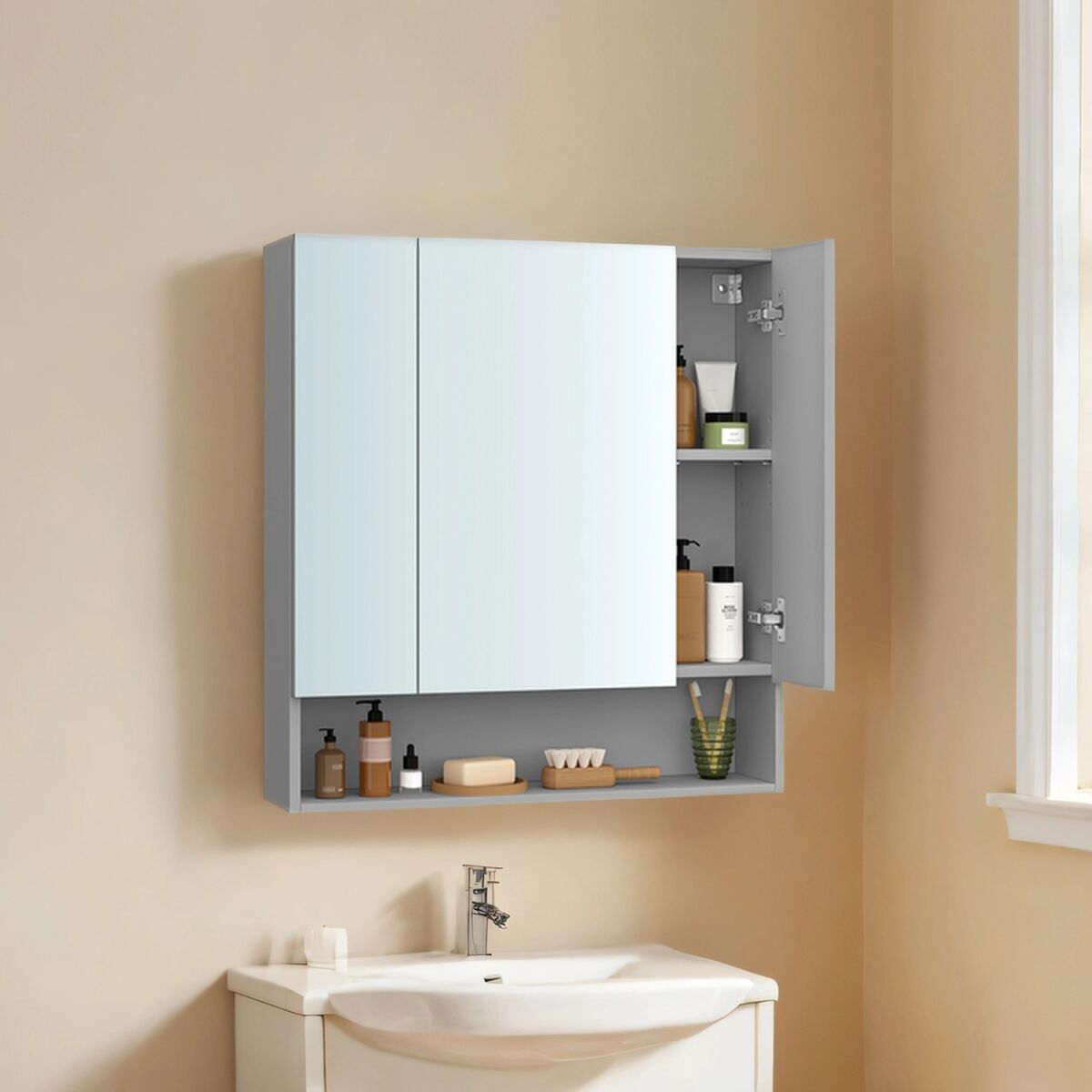 Bathroom Cabinet with 3 Doors, Vanity Cabinet, Mirror Cabinet