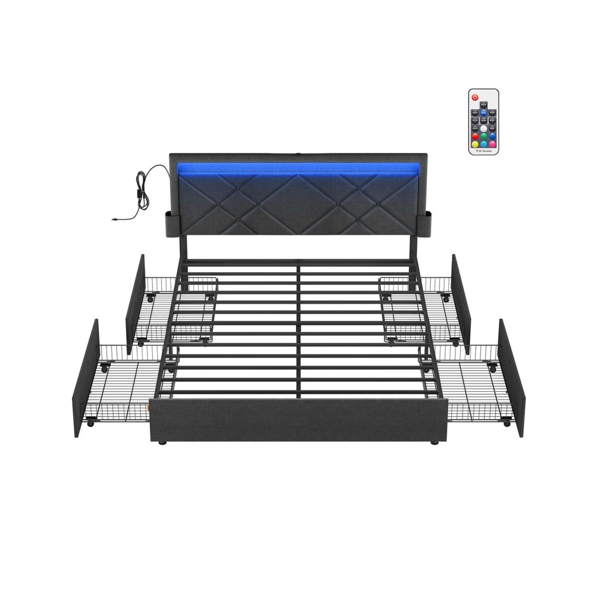 Каркас кровати Queen Size с LED, 4 ящиками и зарядной станцией