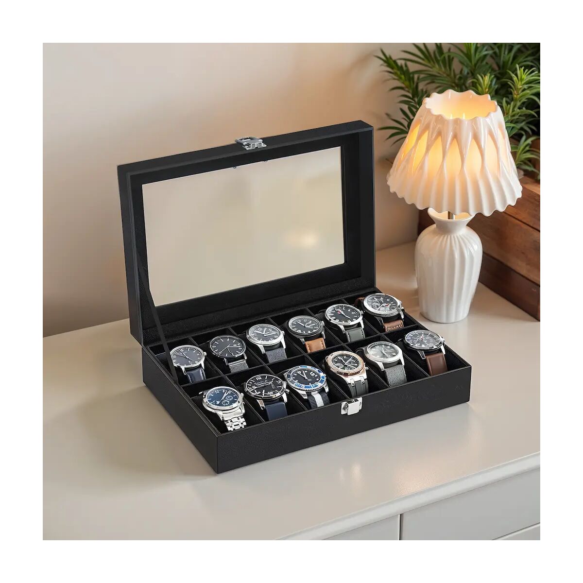 Watch Box with 12 Compartments, Glass Lid