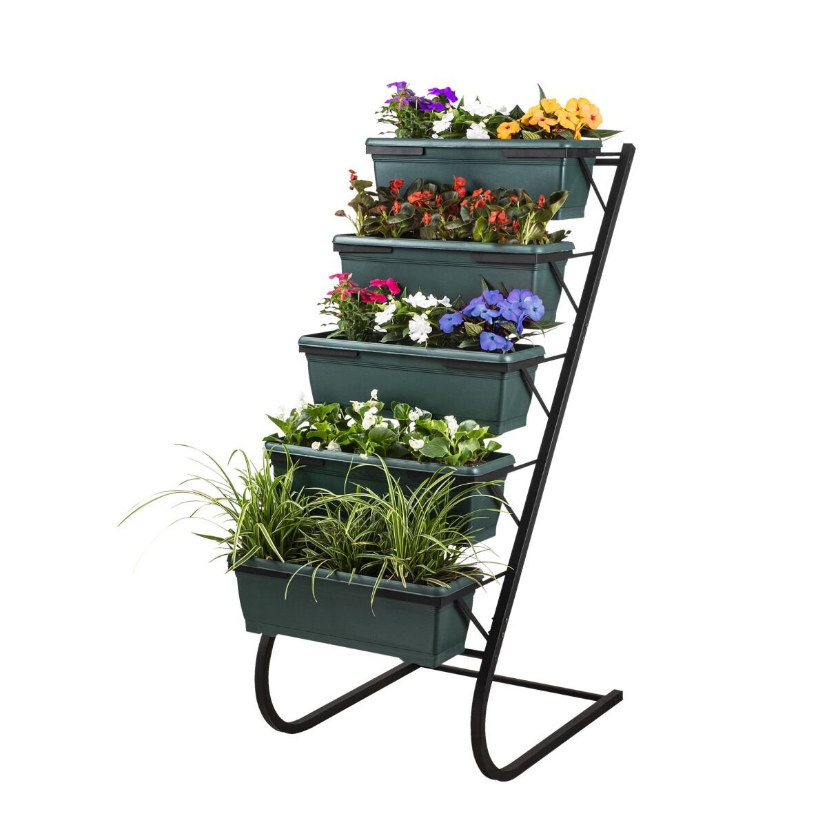 Metallist dekoratiivne aiaposti alus, 56x130x85 cm, 5 riiulit, tumeroheline-must, ahjus kuivatatud värv, kandevõime 10 kg, stiilse aia jaoks sobiv