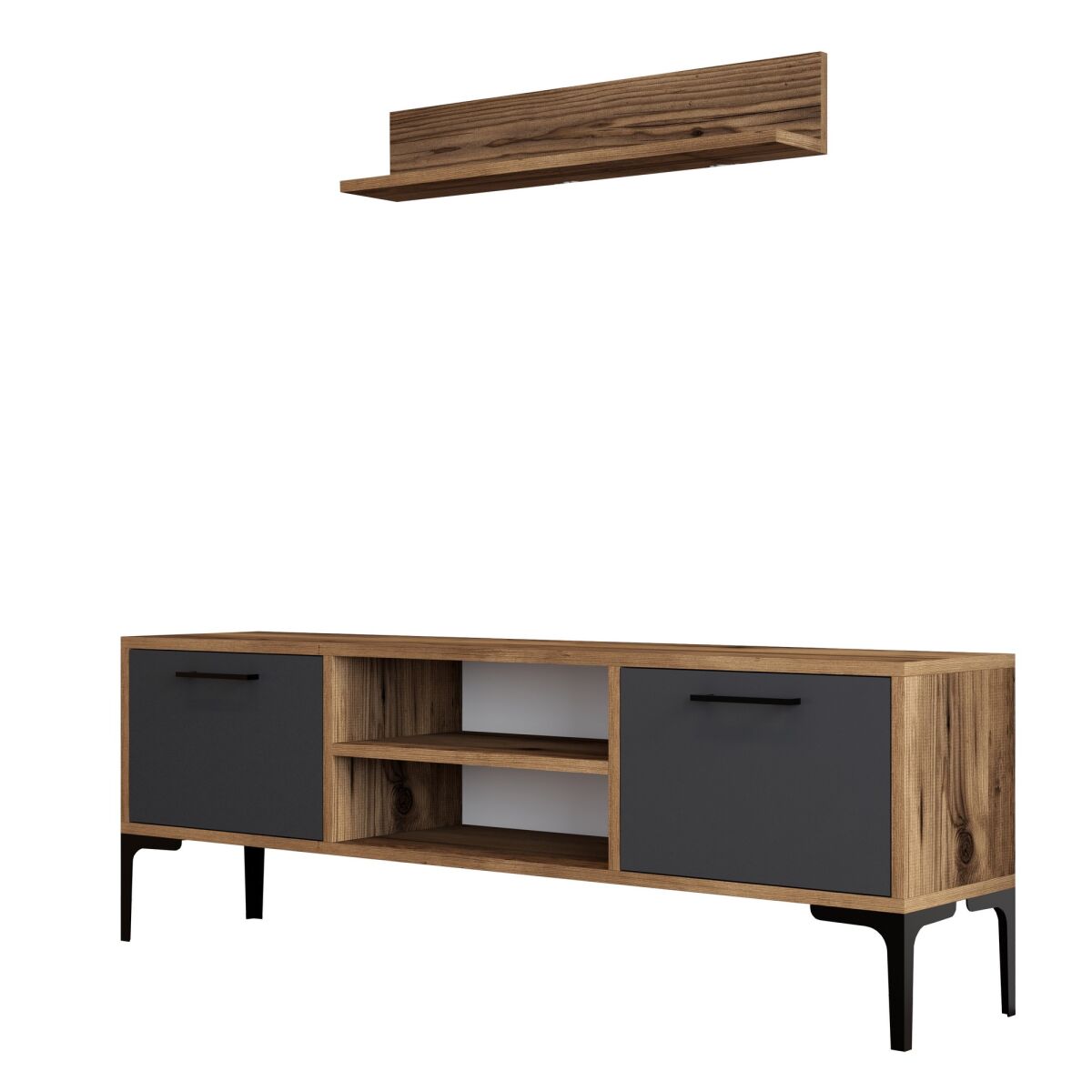 Стильная ТВ-тумба с настенной полкой, орех и антрацит, 140 см x 48 см x 30 см