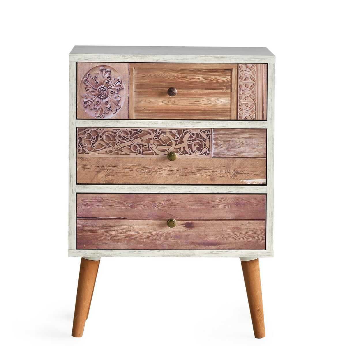 Elegantne kolmetoaline kummut, valge ja pähkel, 50 x 68 x 35 cm