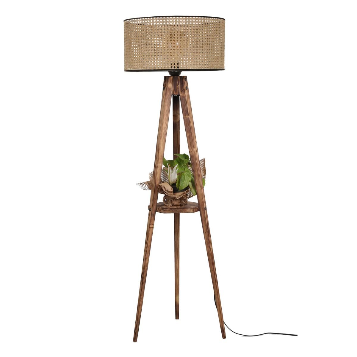 Elegantne Boheemlaslik Põrandalamp Puidust Korpu ja Riiulitega, 153 cm Kõrgus, 45 cm Kupu Läbimõõt, E27 Sokkel, Pruun