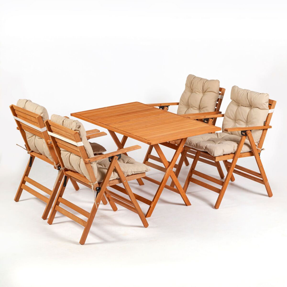 5-osaline aiamööbli komplekt, 100% pöögipuu, Naturaalne & Kreem, Laud 120x70x74 cm, Toolid 45x89x47 cm