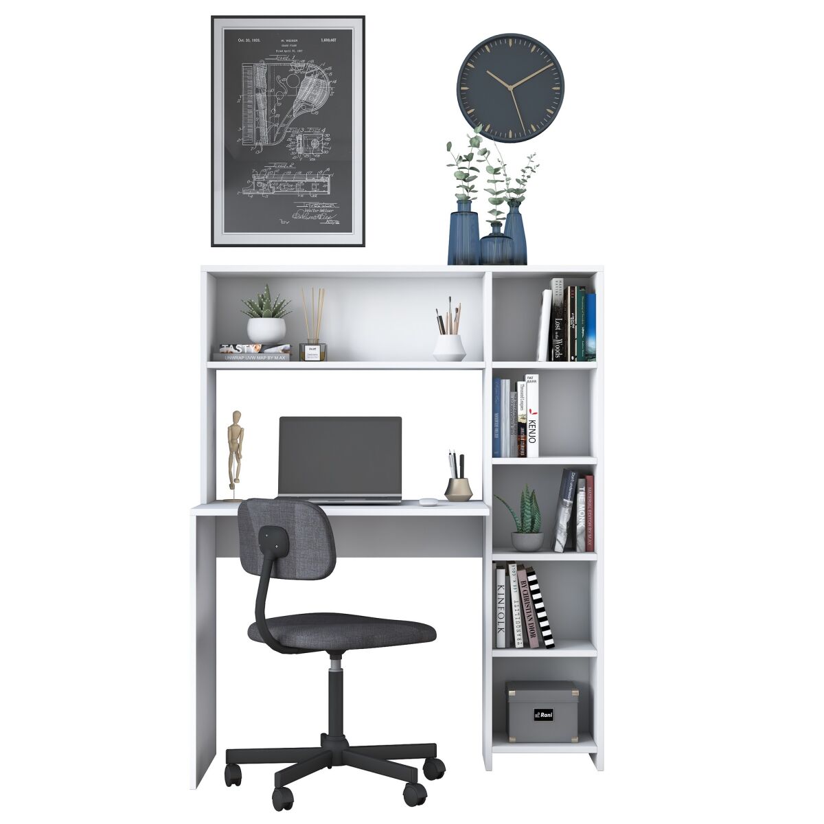 Scandinavian Study Desk with Bookshelf, White, 113.2 x 141.8 x 40 cm