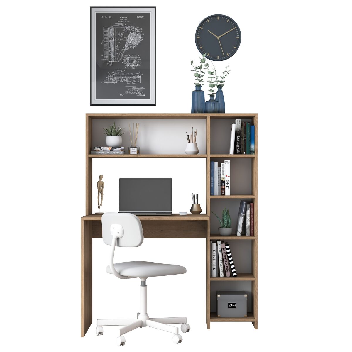 Stylish Study Desk with Bookshelf, Oak Finish, 113.2 x 141.8 x 40 cm