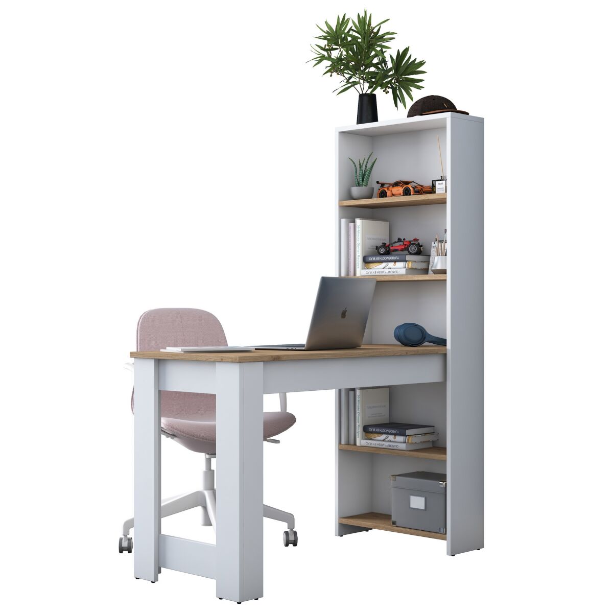 Modern Study Desk with Wall-Mount Shelves, White & Walnut, 120 x 153.6 x 53.8 cm