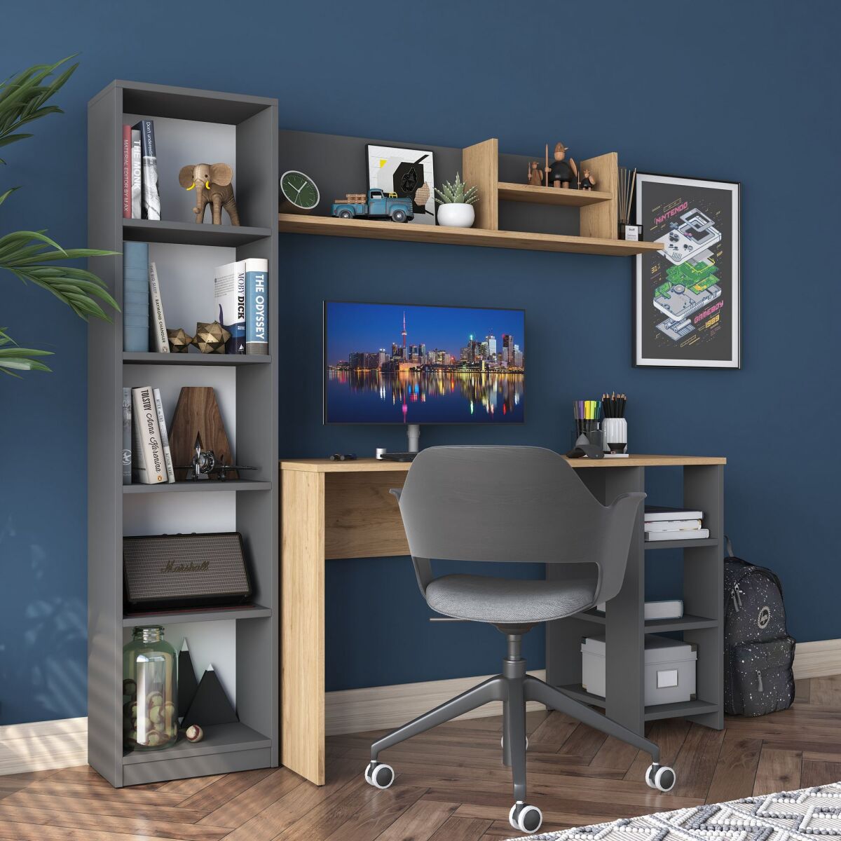 Stylish Study Desk & Bookshelf Set, Walnut & Anthracite