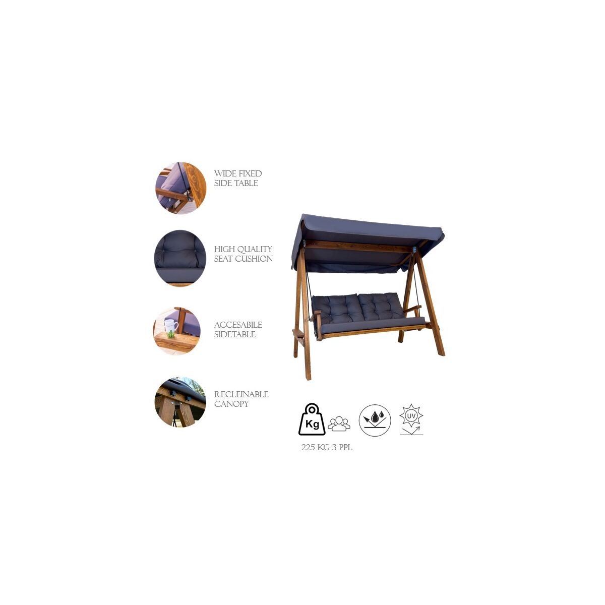 Garden Double Swing Chair, Anthracite, 203 x 116 x 180 cm