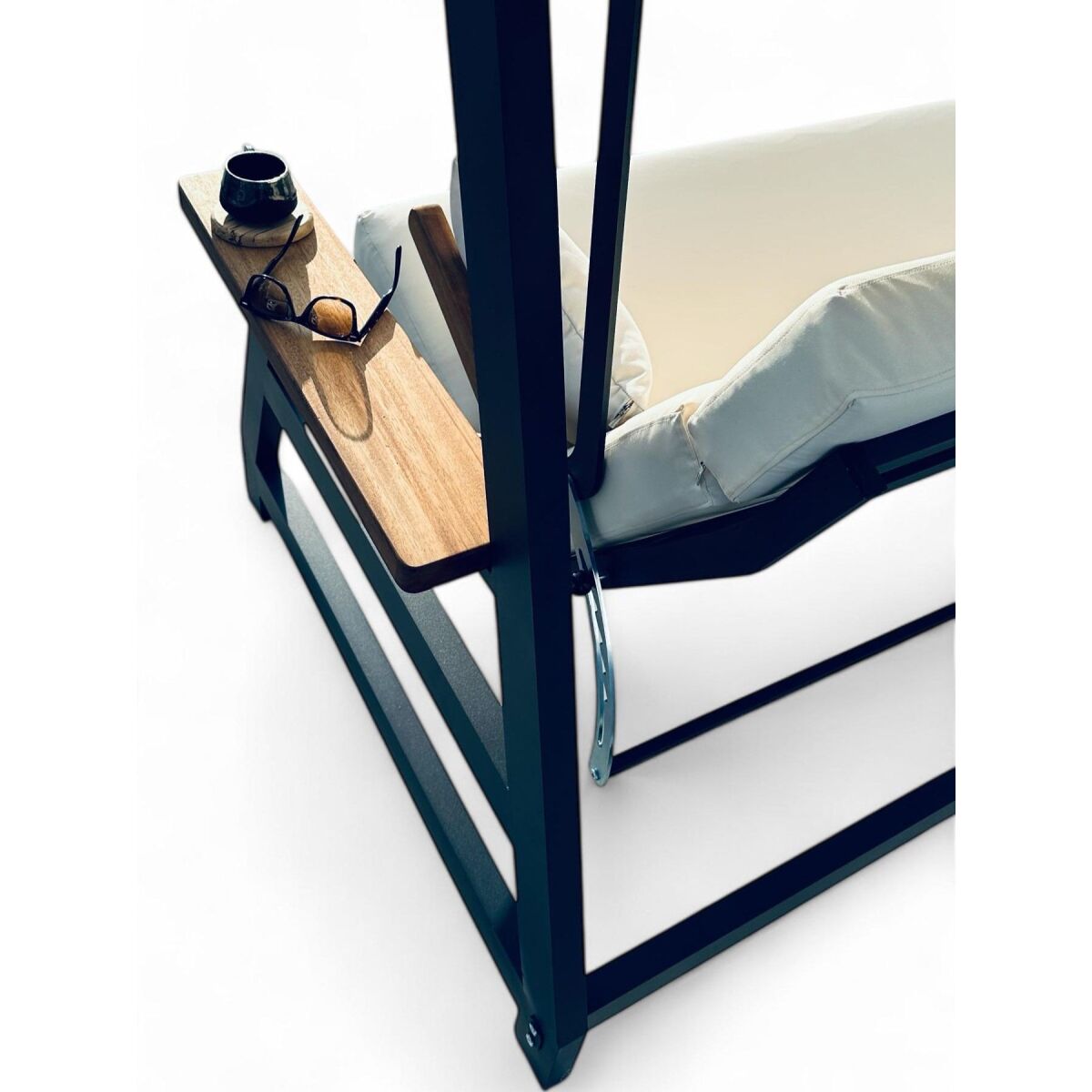 Premium Garden Triple Swing Chair, 100% Stainless Aluminium Frame, Iroko Wood Armrests, Waterproof Oxford Fabric, 400 kg Capacity, Adjustable Awning & Cushions