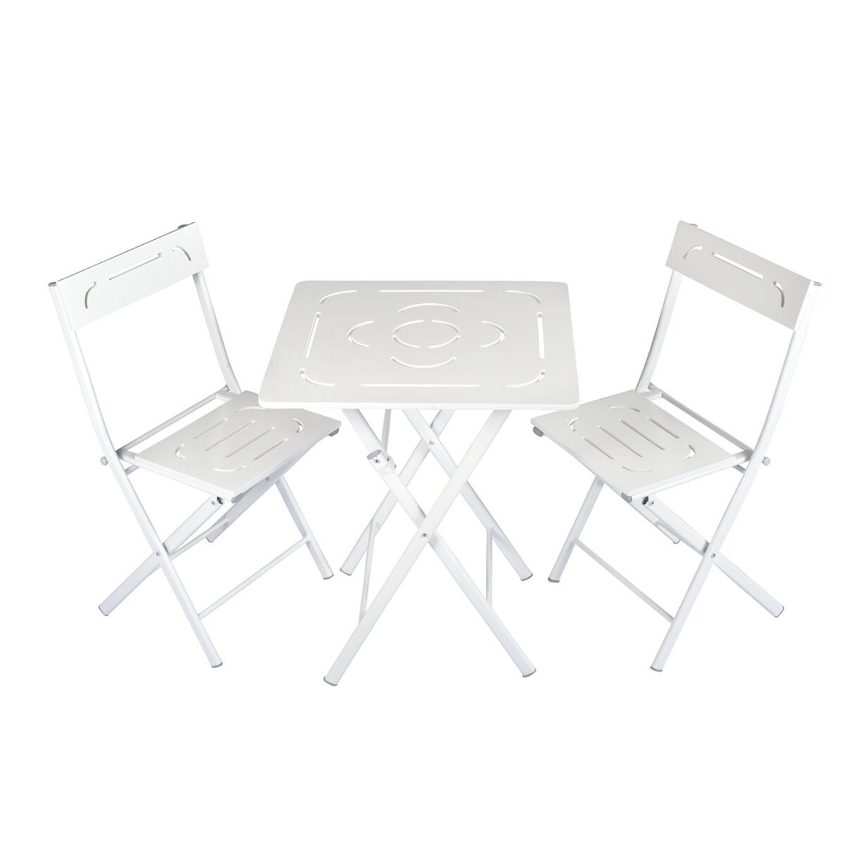 Elegantne aiakomplekt (3-osaline), valge MDF metalljalgadega, laud 60x60x73 cm, toolid 40x40x83 cm, mitmekülgne ja kokkupandud, ideaalne välistingimustesse