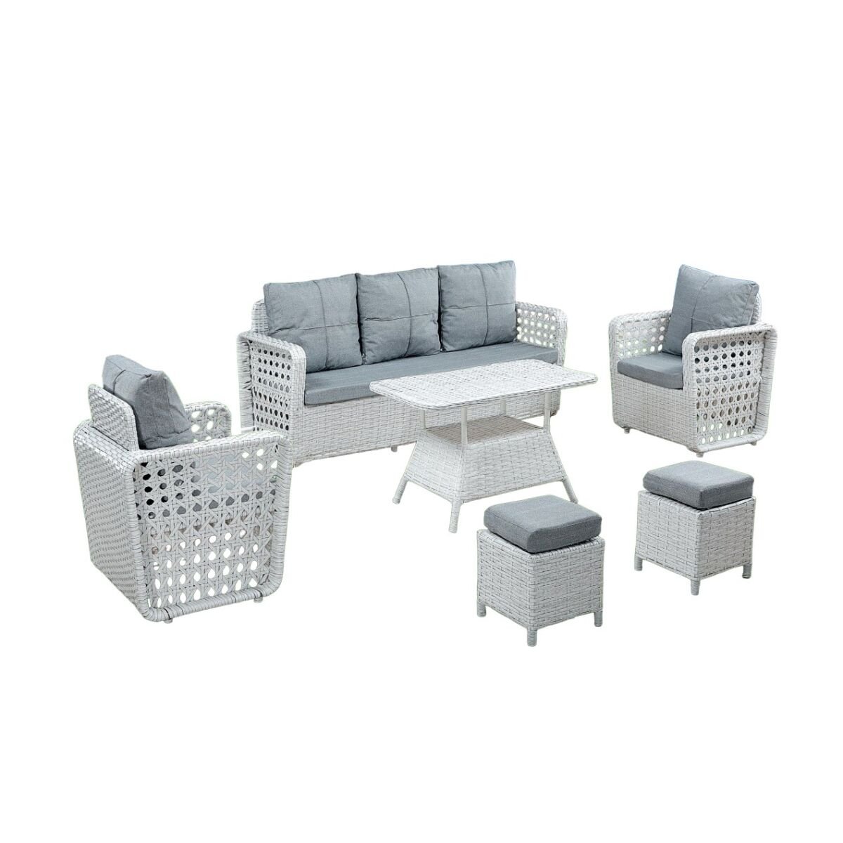 Elegantne aiamööbli komplekt (5 osa) – Kreemikas rotang ja metallraam, 1x 3-kohaline diivan, 2x 1-kohalised diivanid, 1x kohvilaud, 2x tumbad