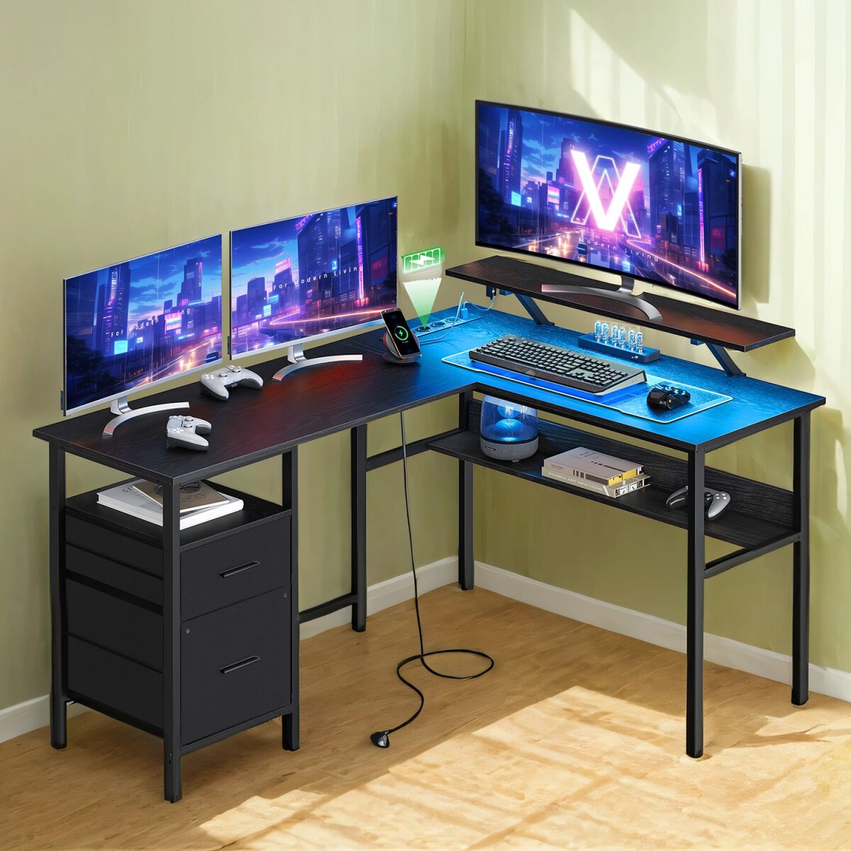 L-Shaped Desk with Power Outlets, Corner Desk