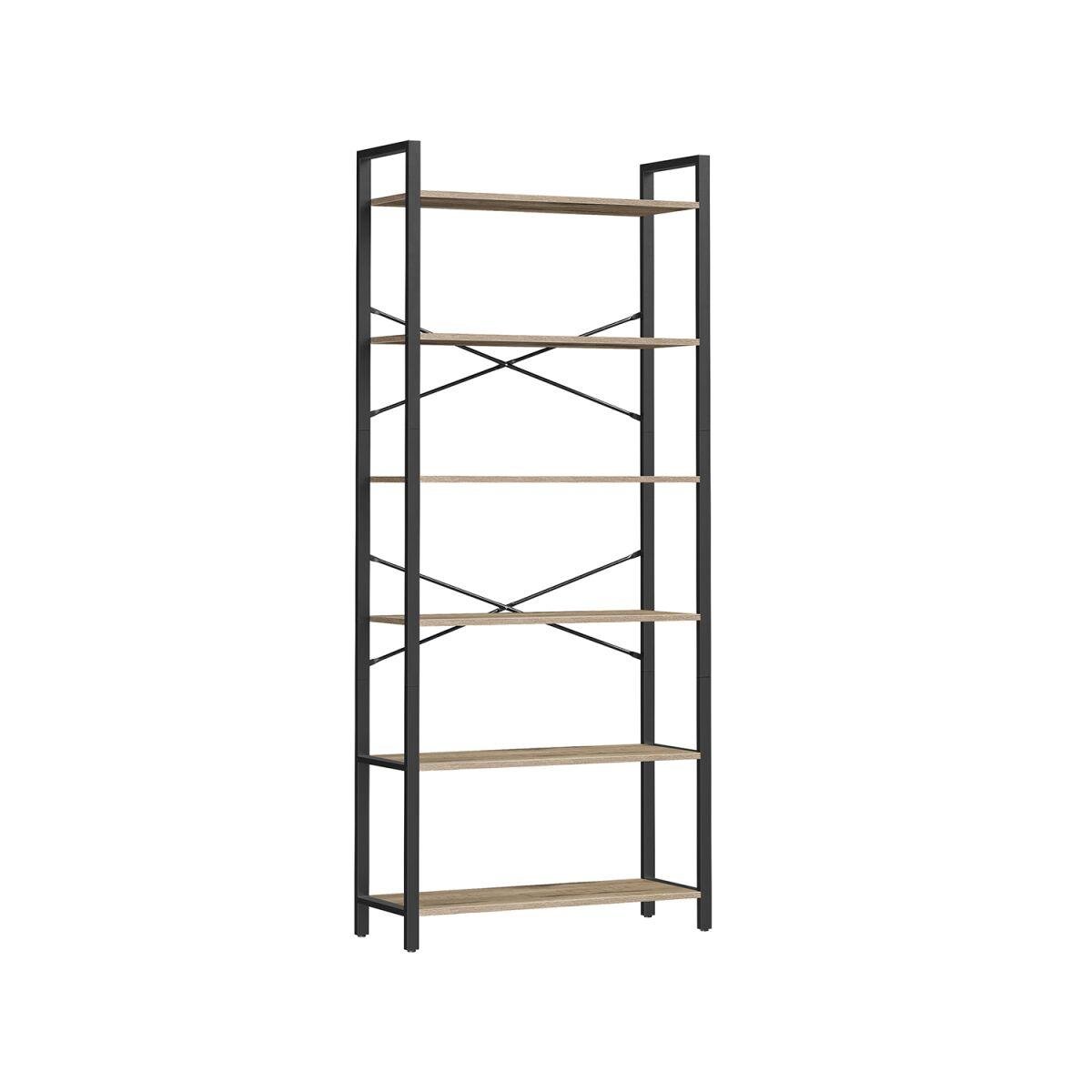 Six-Tier Industrial-Design Bookshelf in Camel Brown and Ink Black