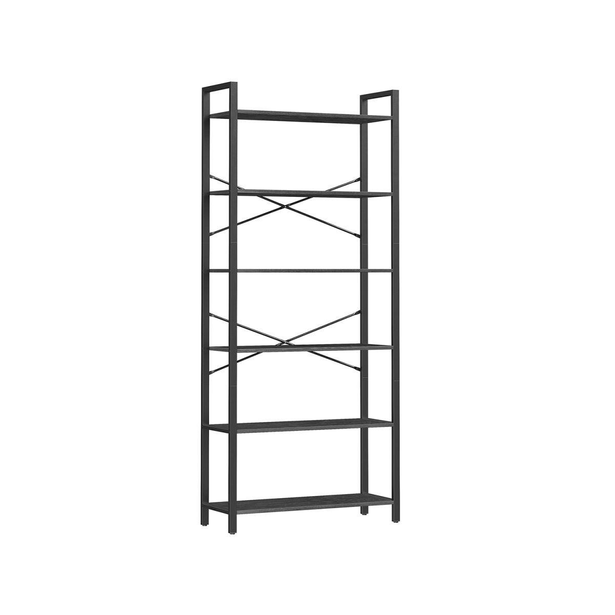 Six-Tier Industrial Design Bookcase in Ebony Black-Ink Black