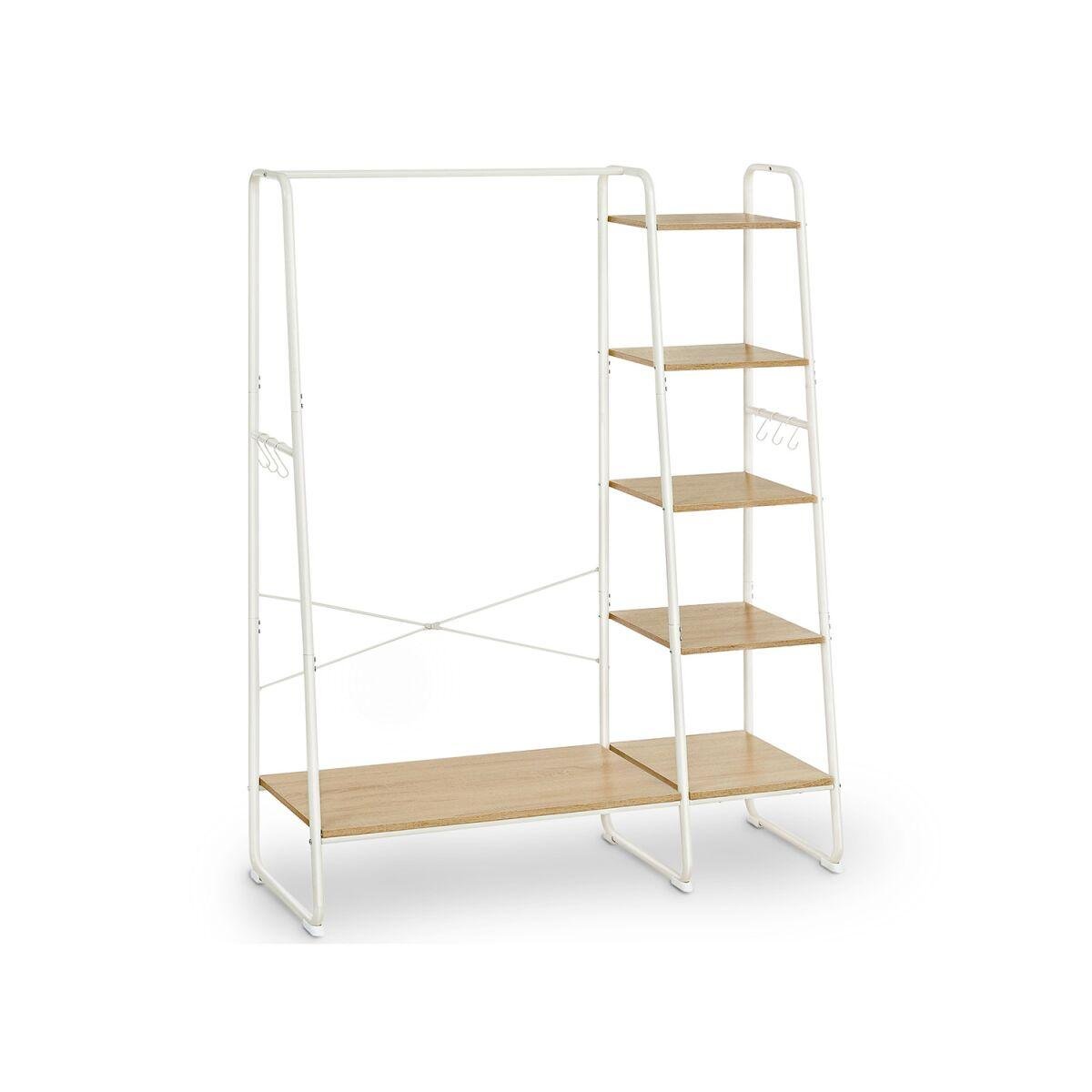 Oak-White Clothes Stand with Shelves and Hooks