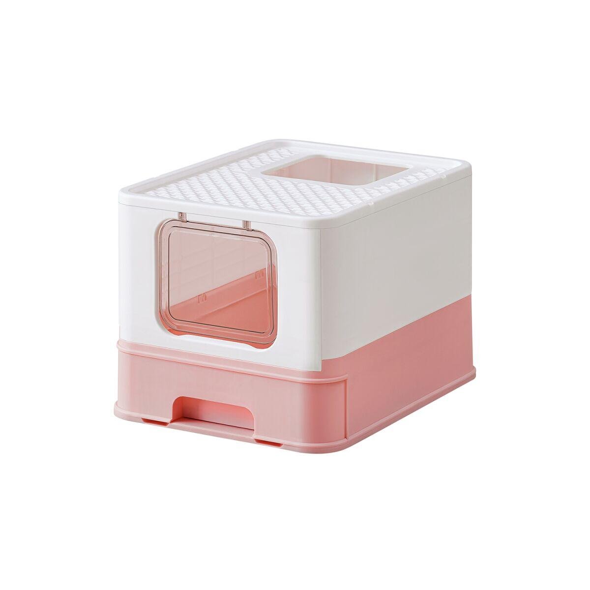 Spacious Covered Litter Box with Scoop, White and Pastel Pink