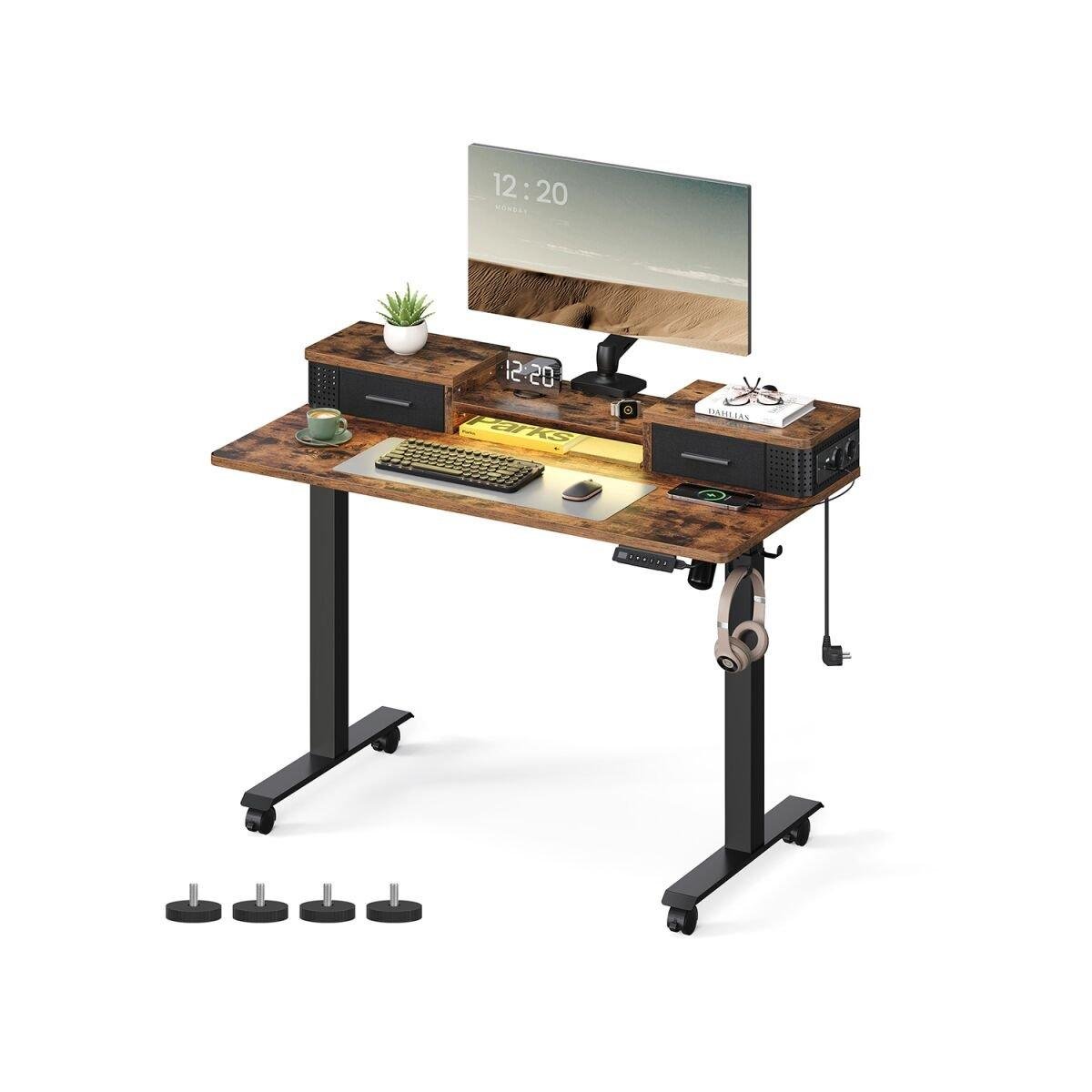 Height-Adjustable Desk with Monitor Stand in Vintage Brown